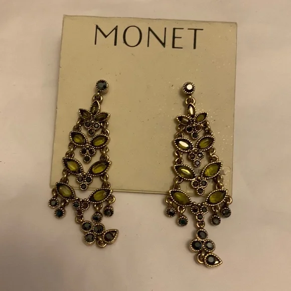 Monet Green Rhinestone and Gold Colored Metal Pierced Earrings - Picture 1 of 4